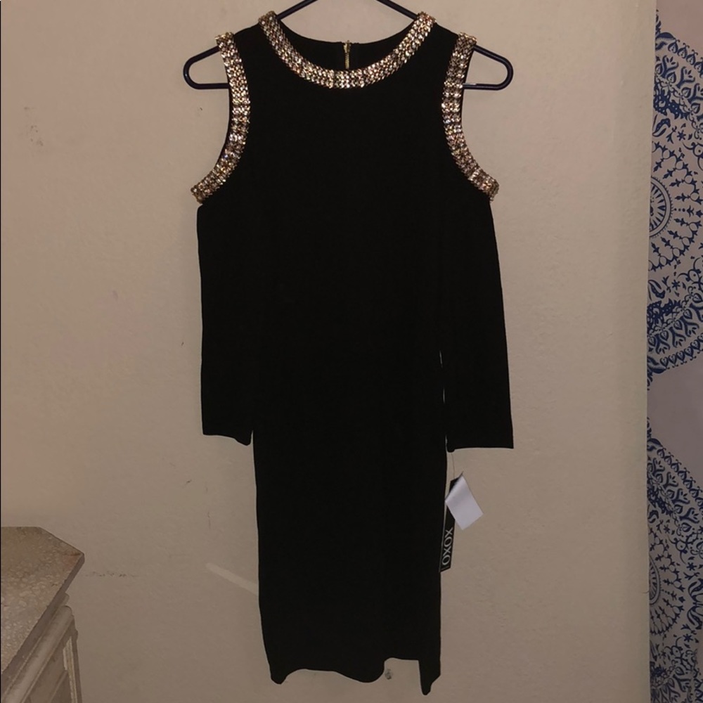 black with gold chains long sleeve dress